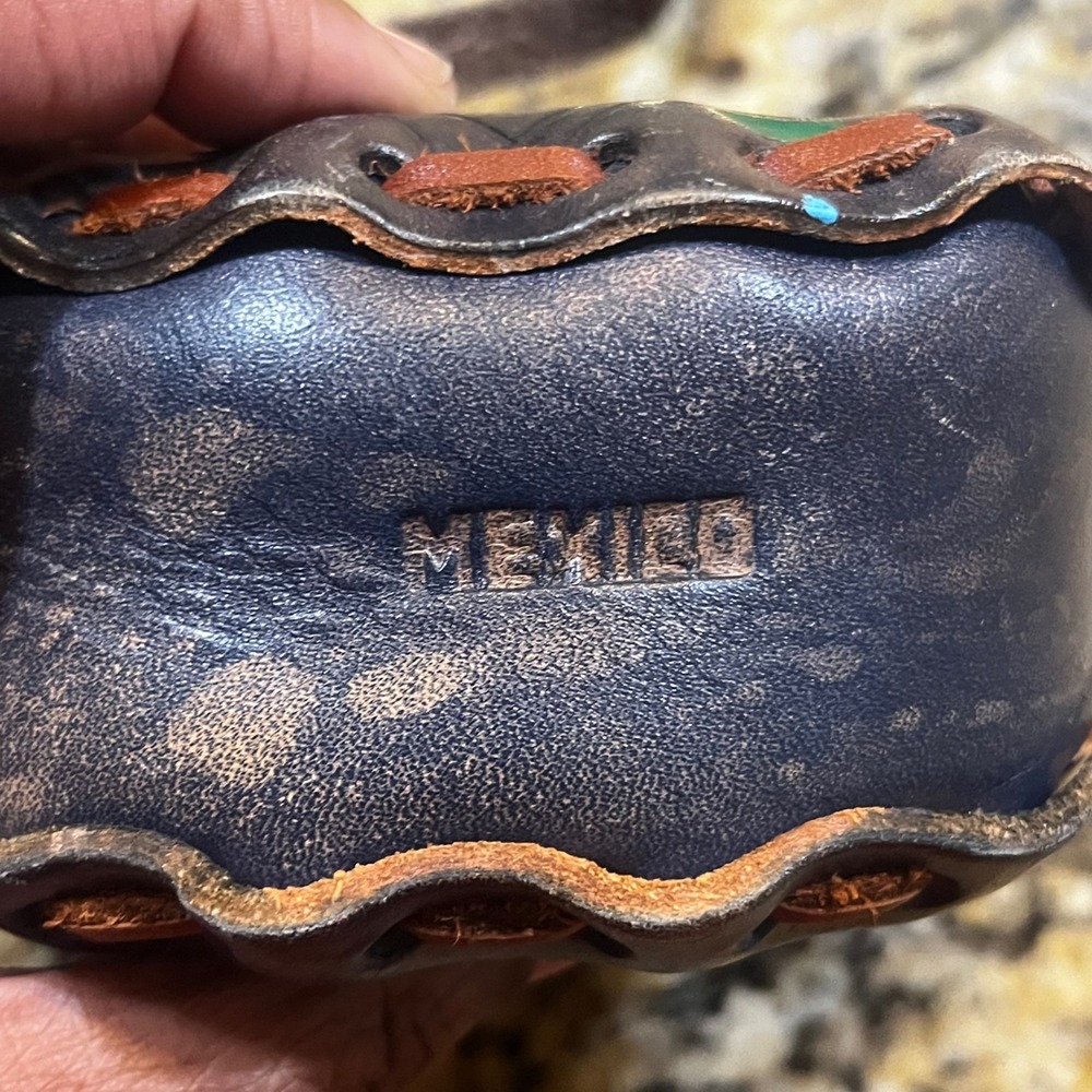 Vintage Hand Tooled Leather Mini Crossbody Bag Floral Painted Mexico Navy Small - Picture 8 of 8